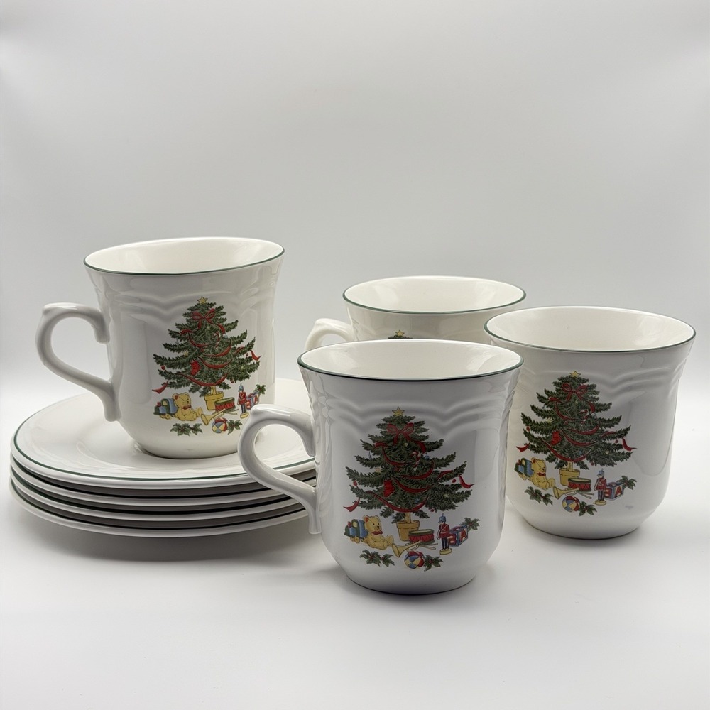 VTG Christmas Tree Stoneware‎ Mug Tea Cup Saucer Toys  Holiday Vitromaster Set 4